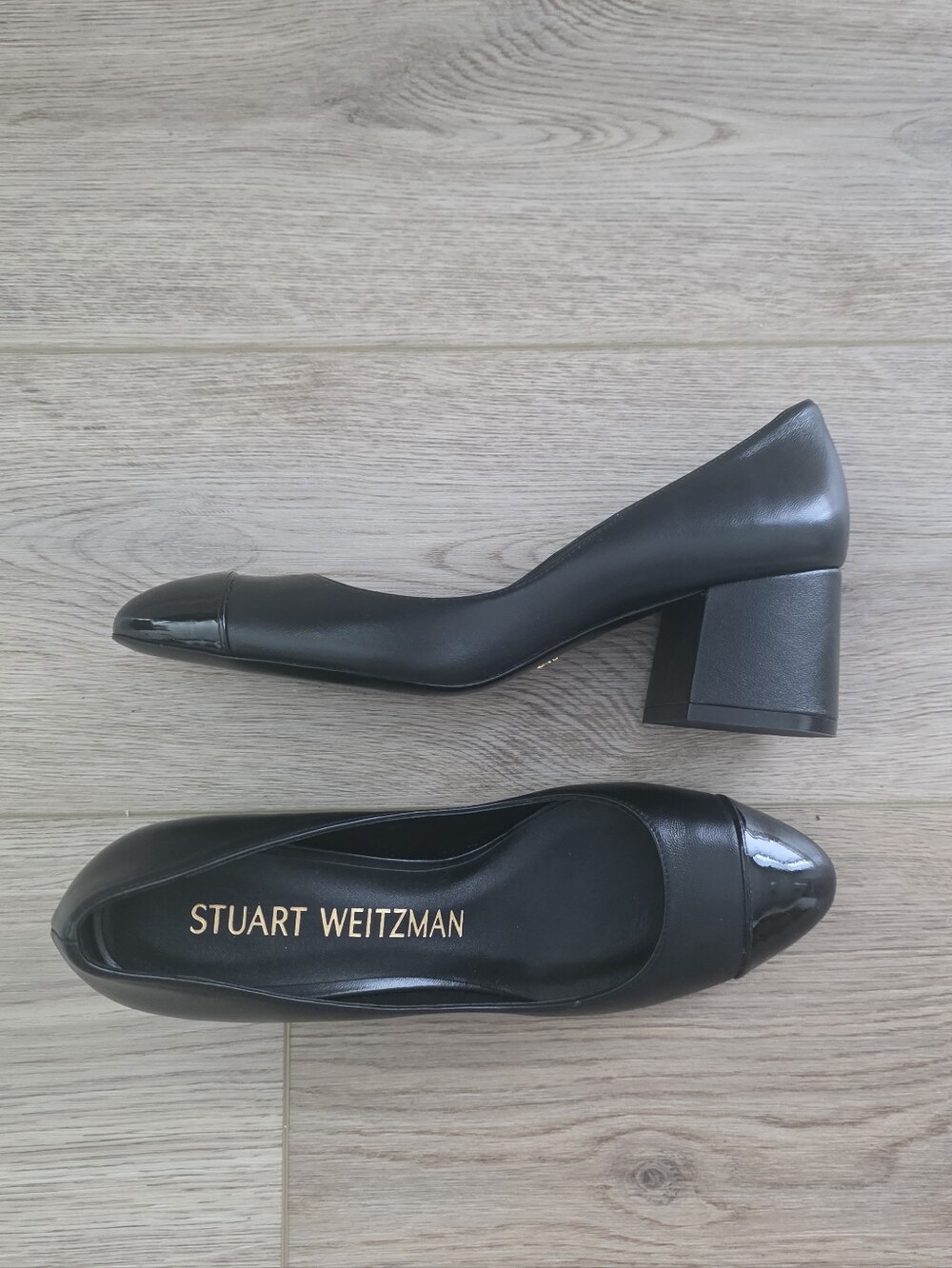 NEW Stuart Weitzman Cap Toe Pump Heels Sz 8 Narrow Black Leather Patent Cap Toe